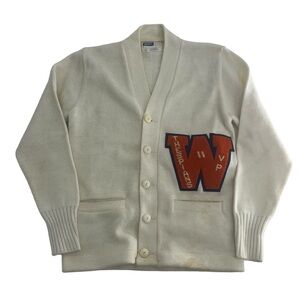Vinatge Dehen Cardigan Mens 34 Off White 60s 70s Letterman Varsity Patch Sweater